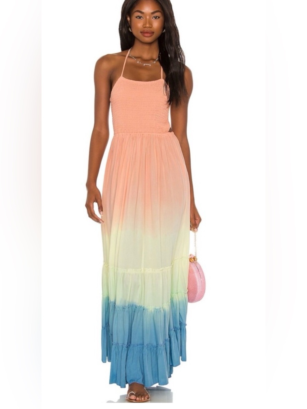 Tiare Hawaii Naia Ombre Halter Maxi Dress in Peach, Yellow & Blue